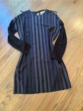 AVN Luxury Italian Brand Navy and Gray Striped Long-Sleeve Shift Dress Size M/L